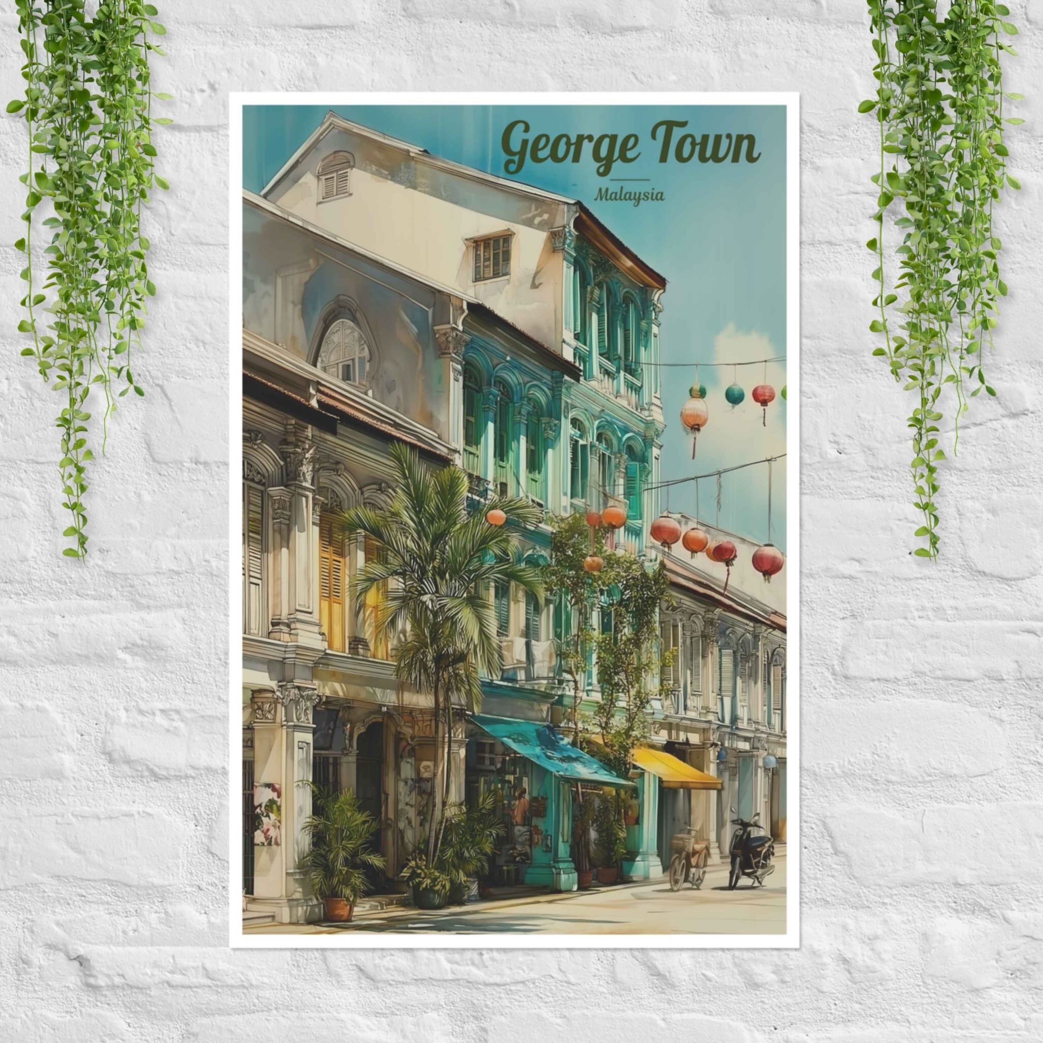 Georgetown Penang shophouse street poster with tropical sunlight