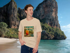 Model wearing Got Cha t-shirt in tropical beach setting
