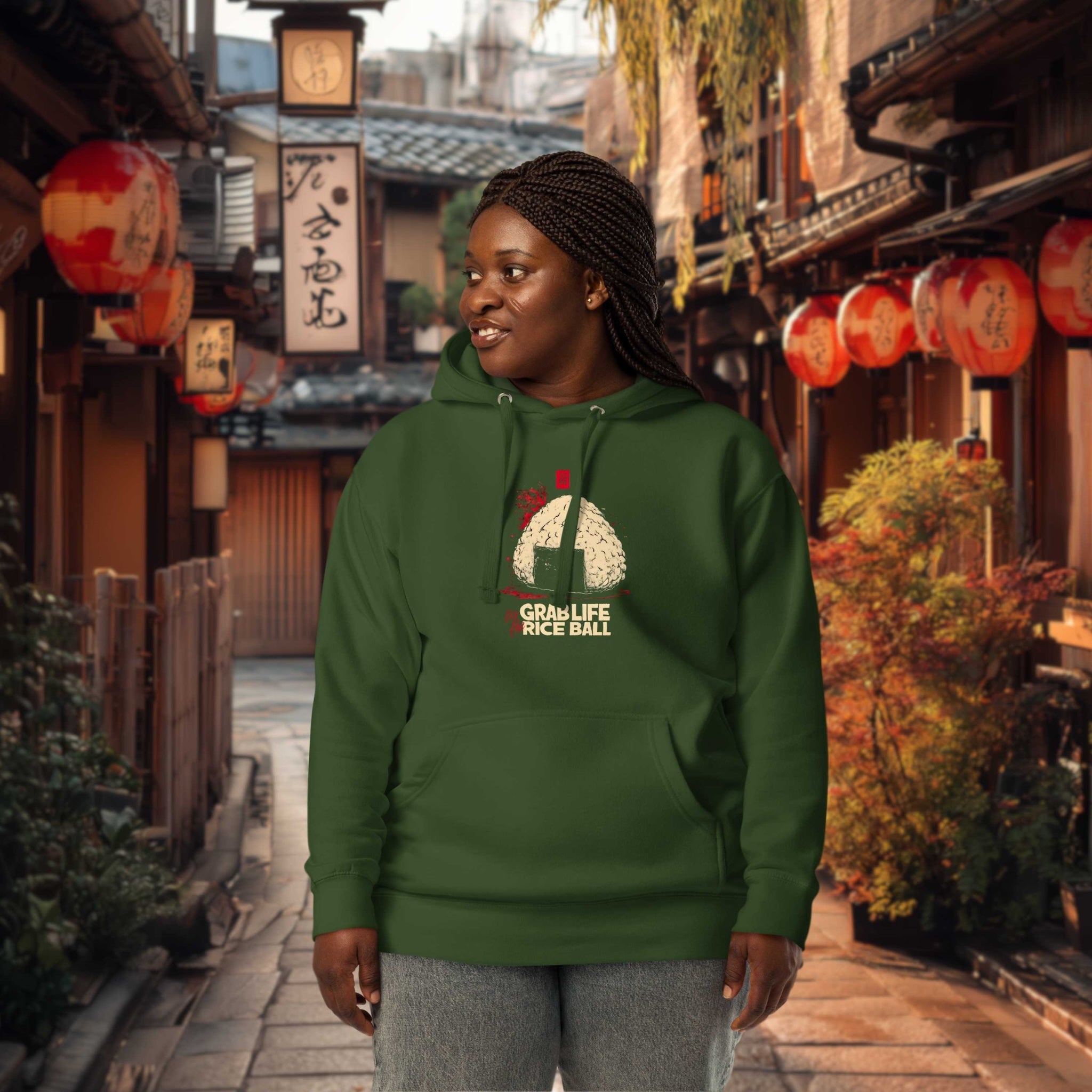 Model wearing Grab Life by the Rice Ball hoodie in urban setting