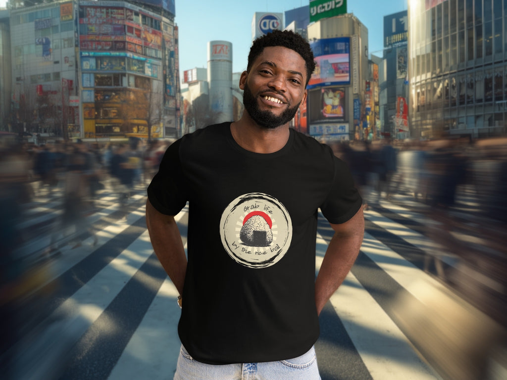 Model wearing Grab Life by the Rice Ball t-shirt in modern city scene