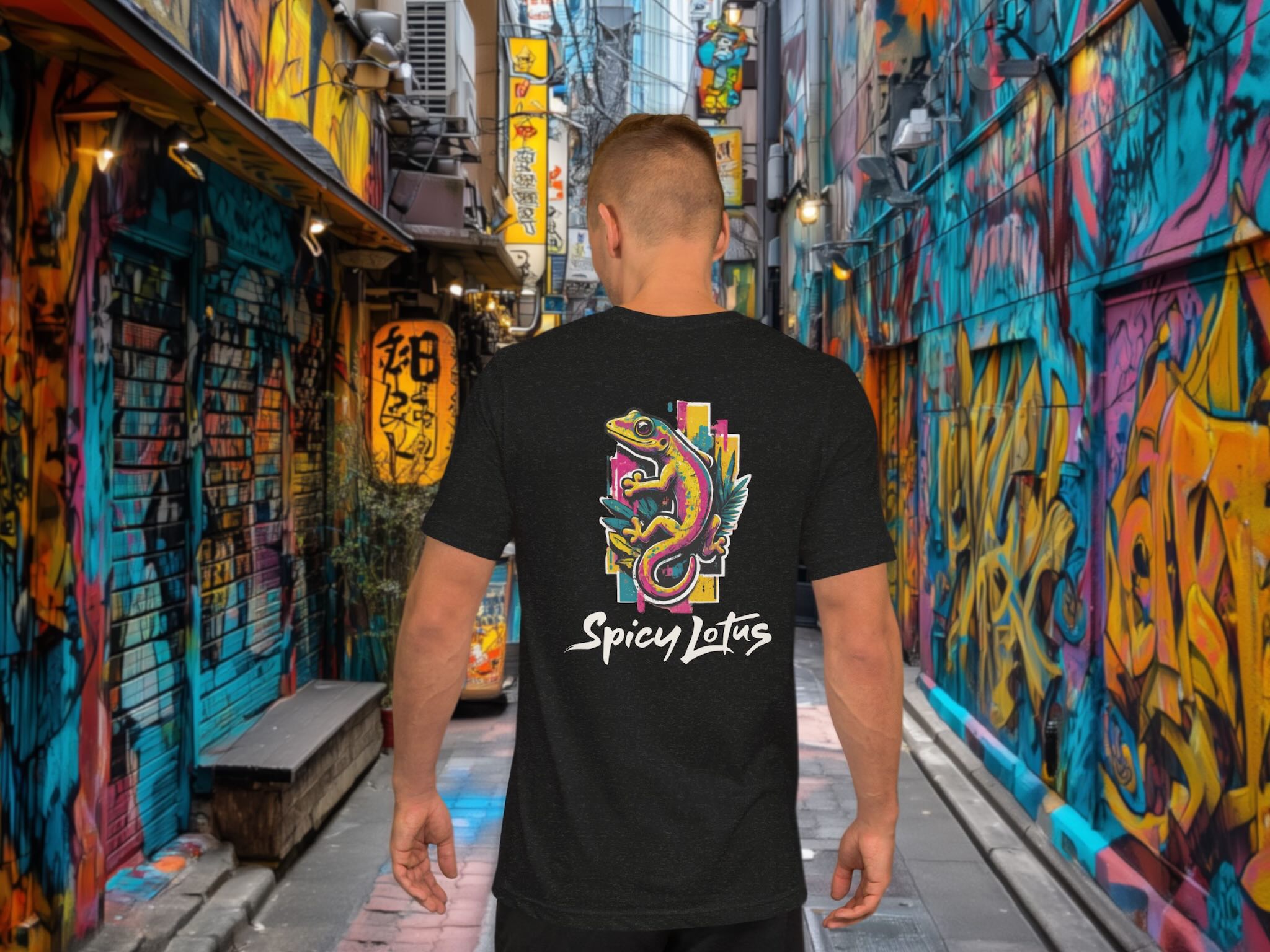 Person wearing a black t-shirt with a colorful dragon design and 'Spicy Lotus' text, standing in a graffiti-covered alleyway.