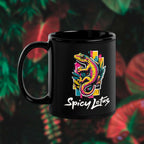 Black mug with a colorful gecko design and 'Spicy Lotus' text on a leafy background