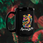 Black 15 oz mug with colorful gecko design and 'Spicy Lotus' text on a dark background