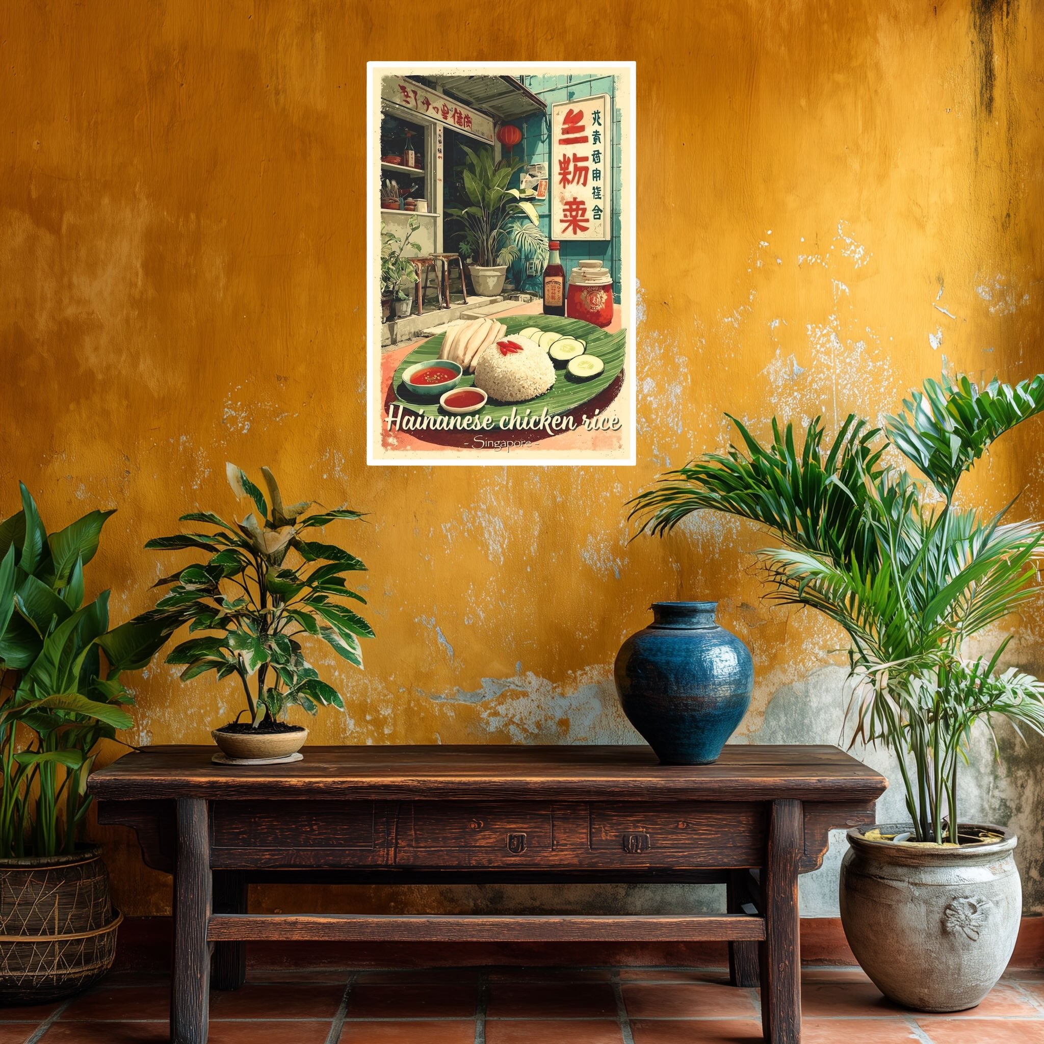 Vibrant Southeast Asian street food poster print in sunlit hallway