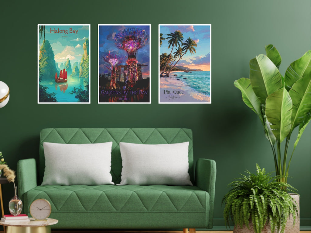 Three colorful travel posters from Vietnam, Singapore and Thailand on sofa wall