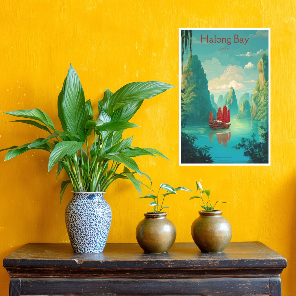Vietnamese landscape art print featuring limestone cliffs and calm waters hanging on yellow wall