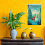Vietnamese landscape art print featuring limestone cliffs and calm waters hanging on yellow wall