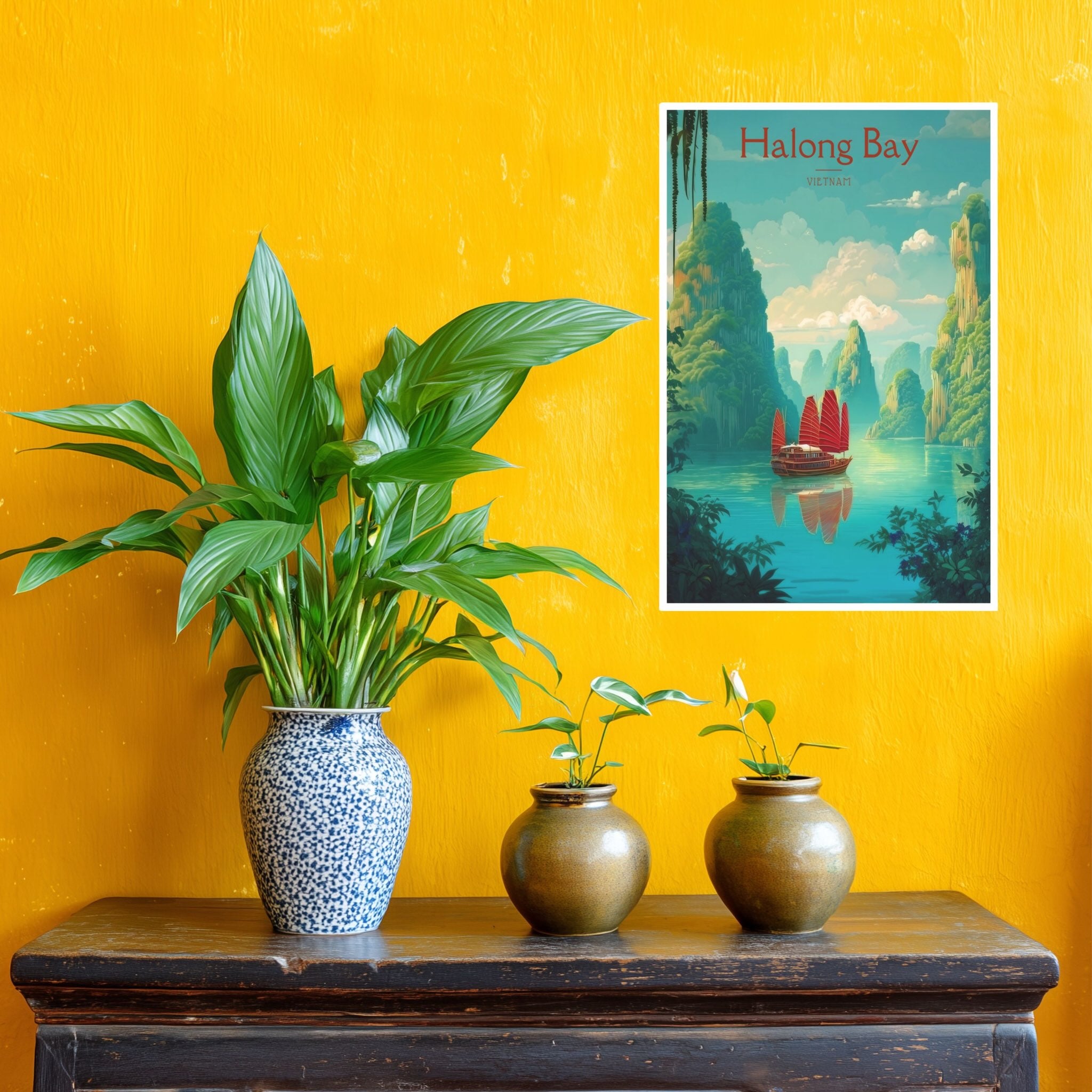 Vietnamese landscape art print featuring limestone cliffs and calm waters hanging on yellow wall
