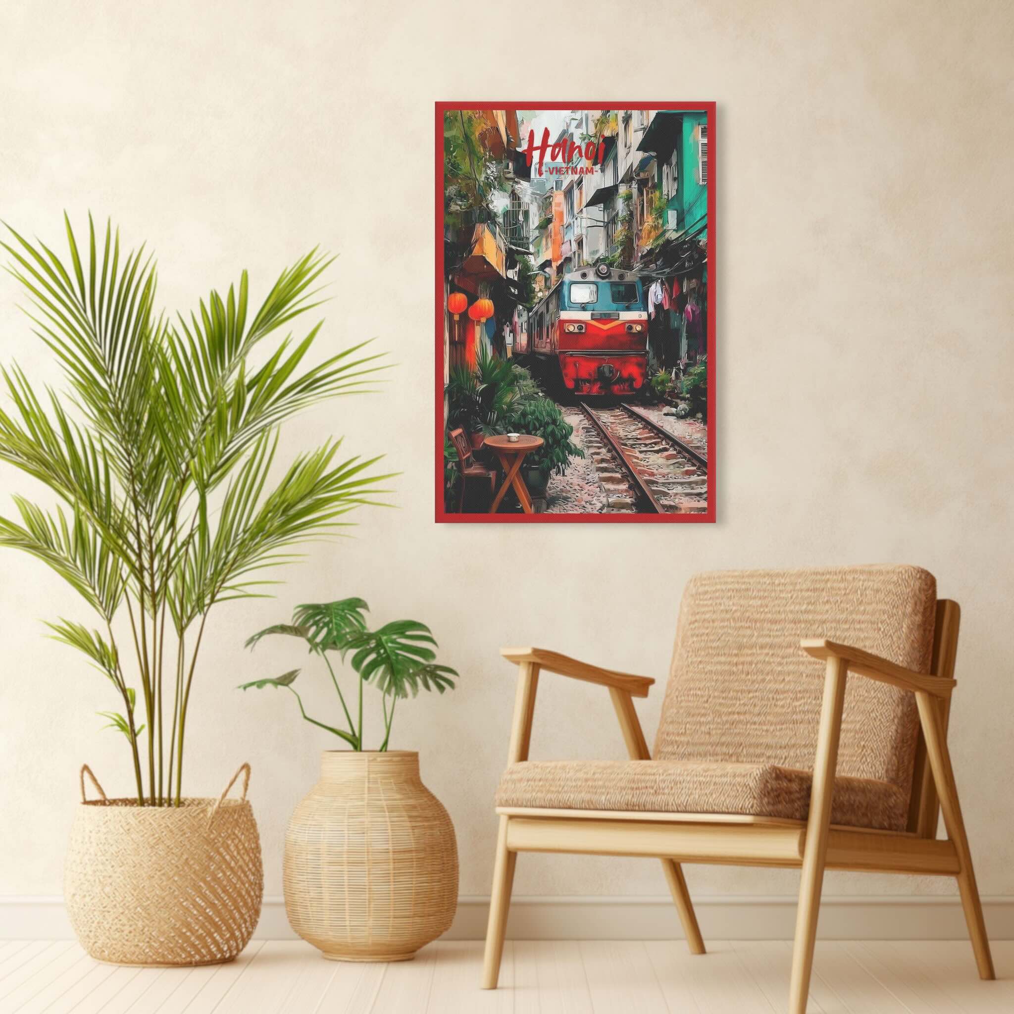 Vertical travel culture canvas capturing Hanoi street scene on living room wall