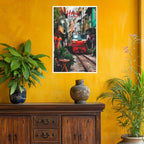 Vertical Hanoi street poster with bold colors and textures against yellow hallway wall