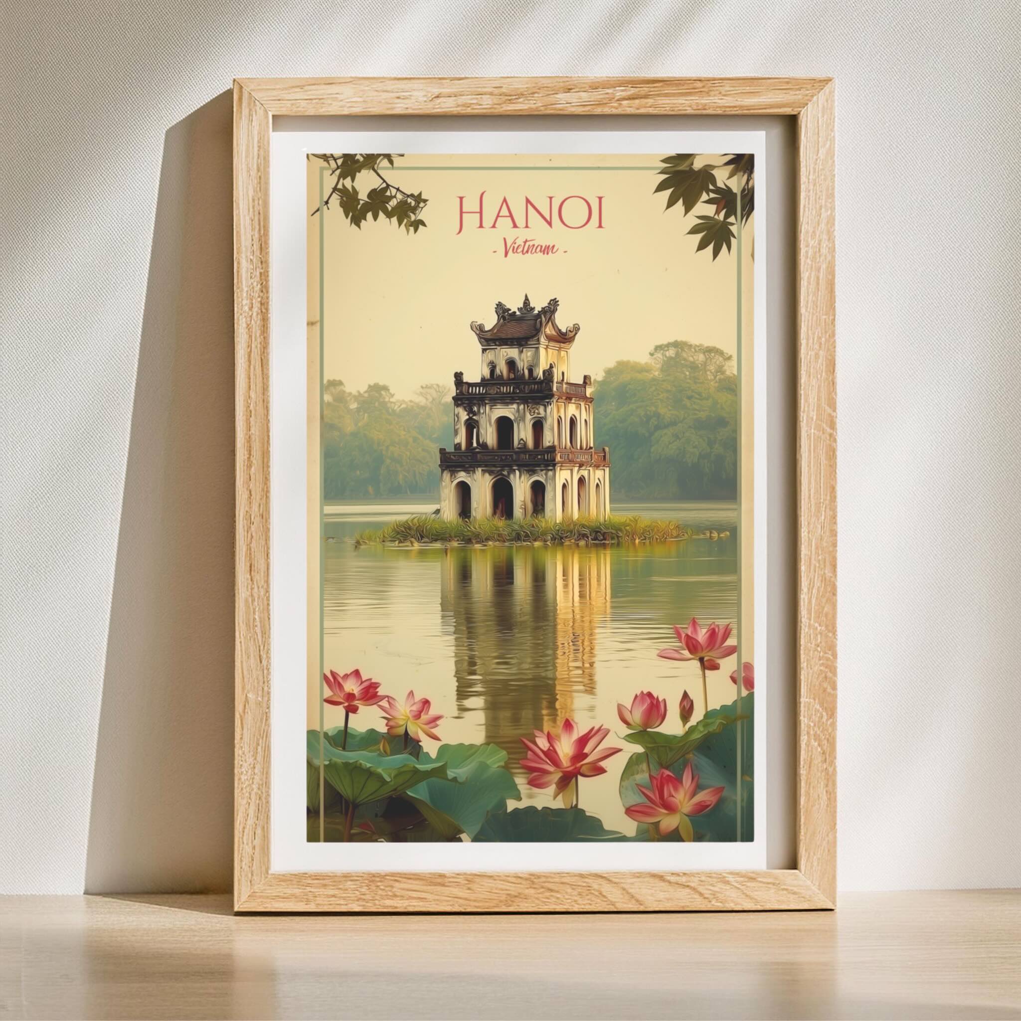 Calm Hanoi scenery poster with soft greenery and lotus flowers in wooden frame