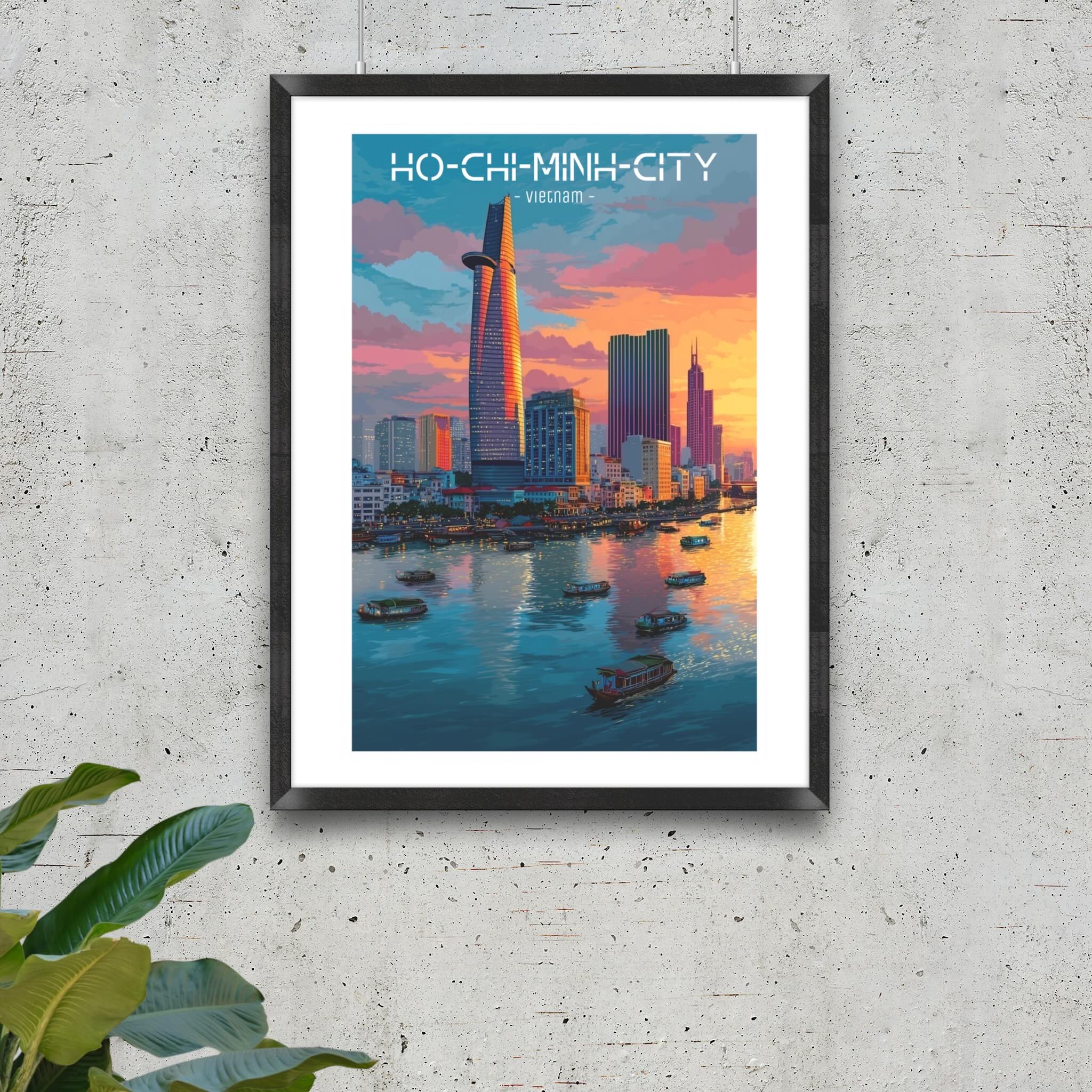 Saigon urban cityscape illustration on thick matte paper in black frame