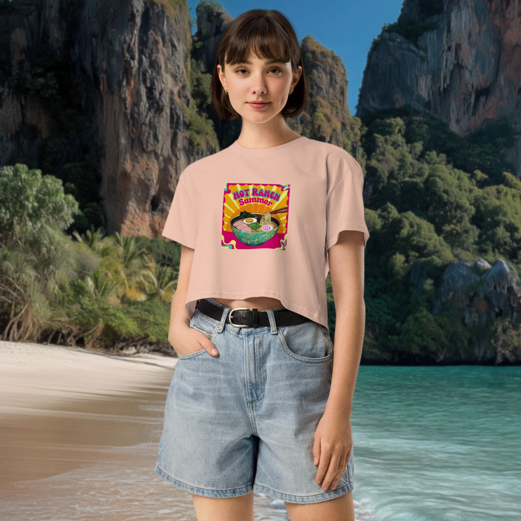Model wearing Hot Ramen Summer crop top at the beach