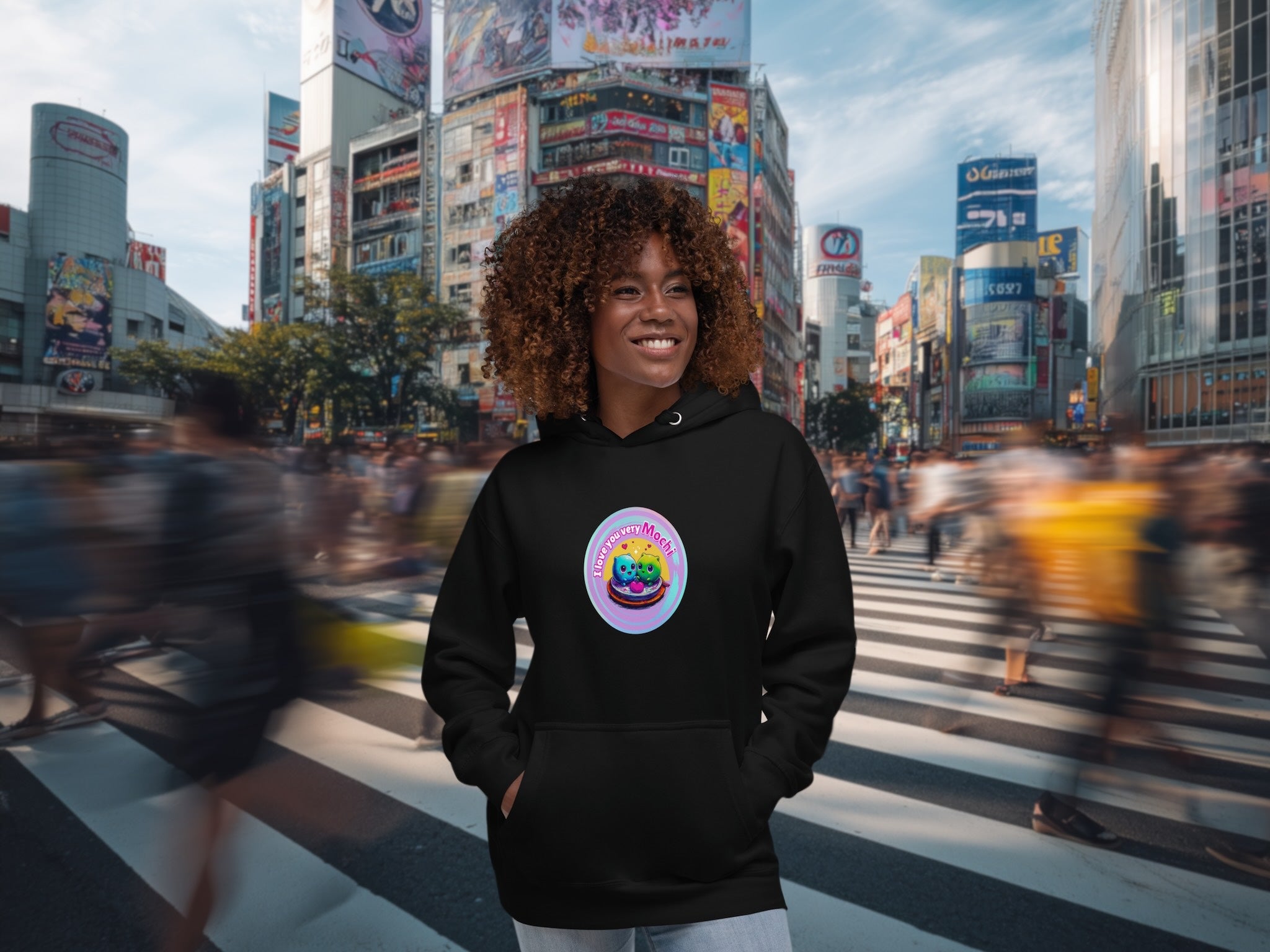 Person wearing a black hoodie with a colorful mochi design in Tokio.