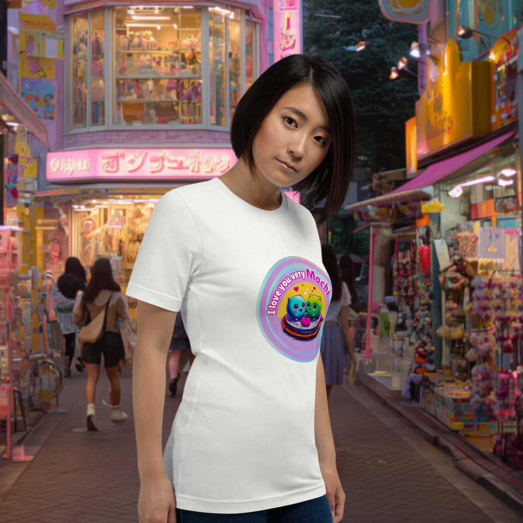 Woman wearing a white t-shirt with a colorful graphic design of cute mochis in a vibrant street setting.