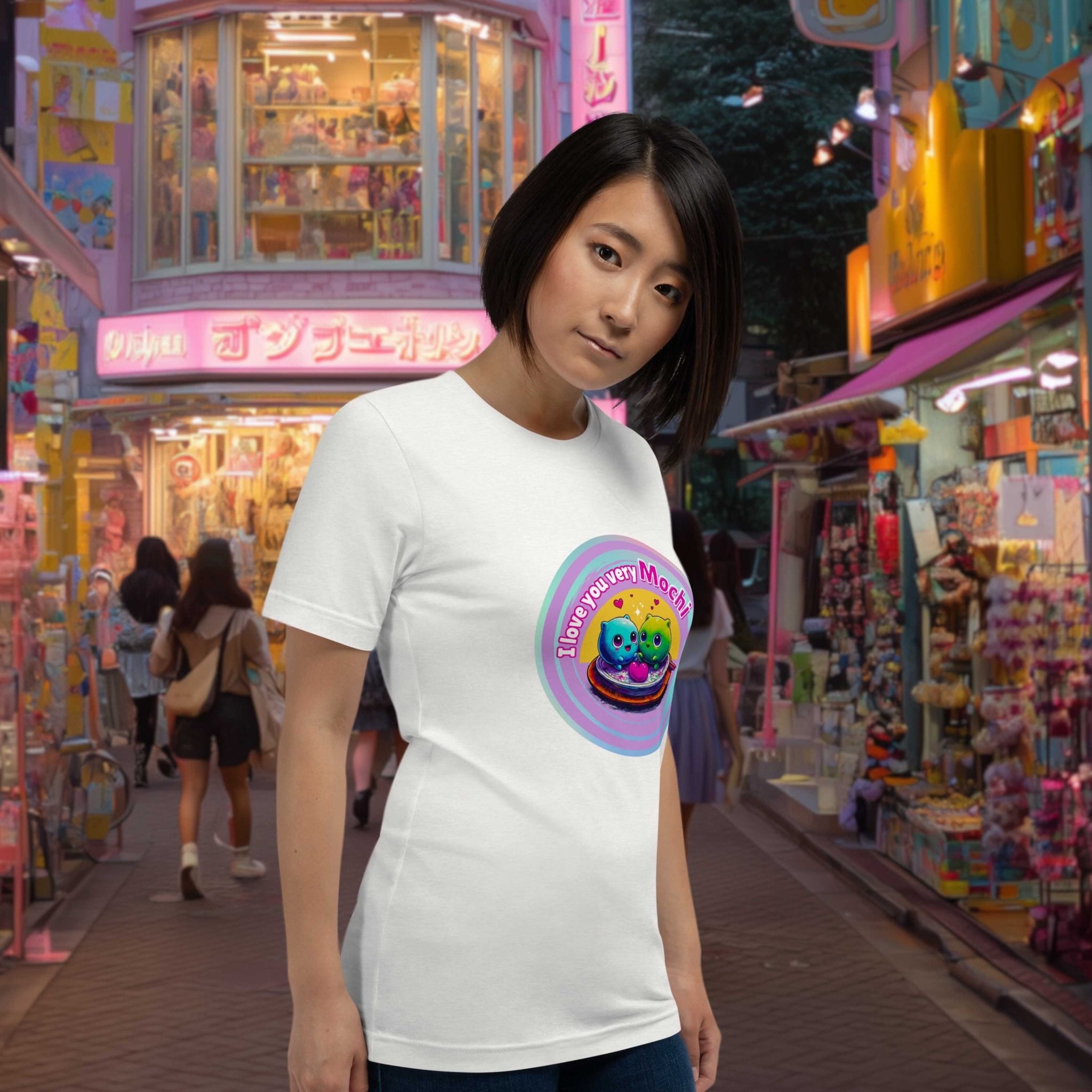 Woman wearing a white t-shirt with a colorful graphic design of cute mochis in a vibrant street setting.