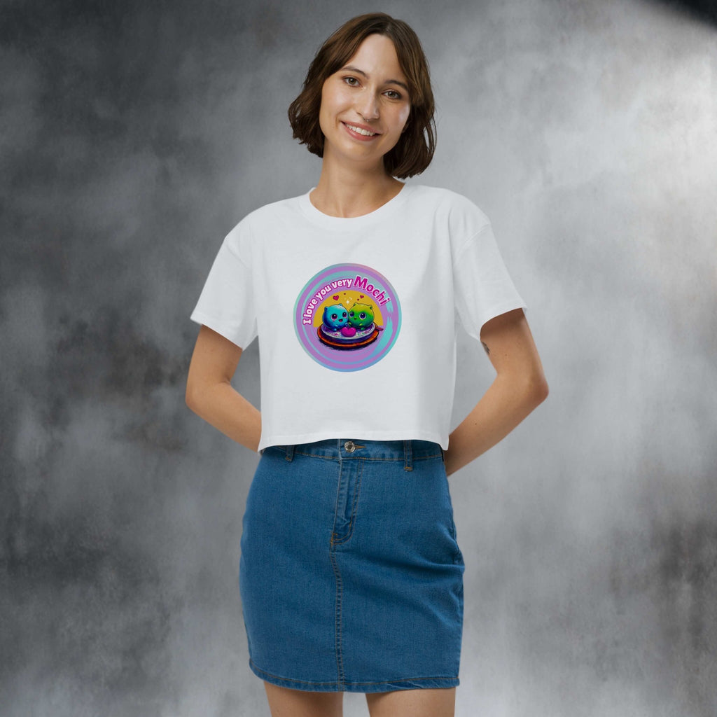 Model wearing I Love You Very Mochi crop top studio clean