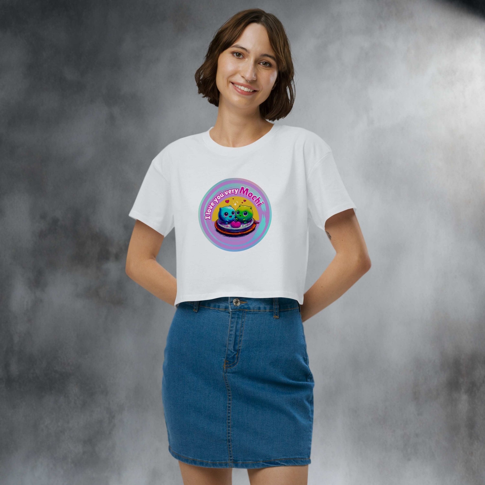 Model wearing I Love You Very Mochi crop top studio clean