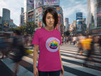 Model wearing I Love You Very Mochi t-shirt in Tokyo city scene