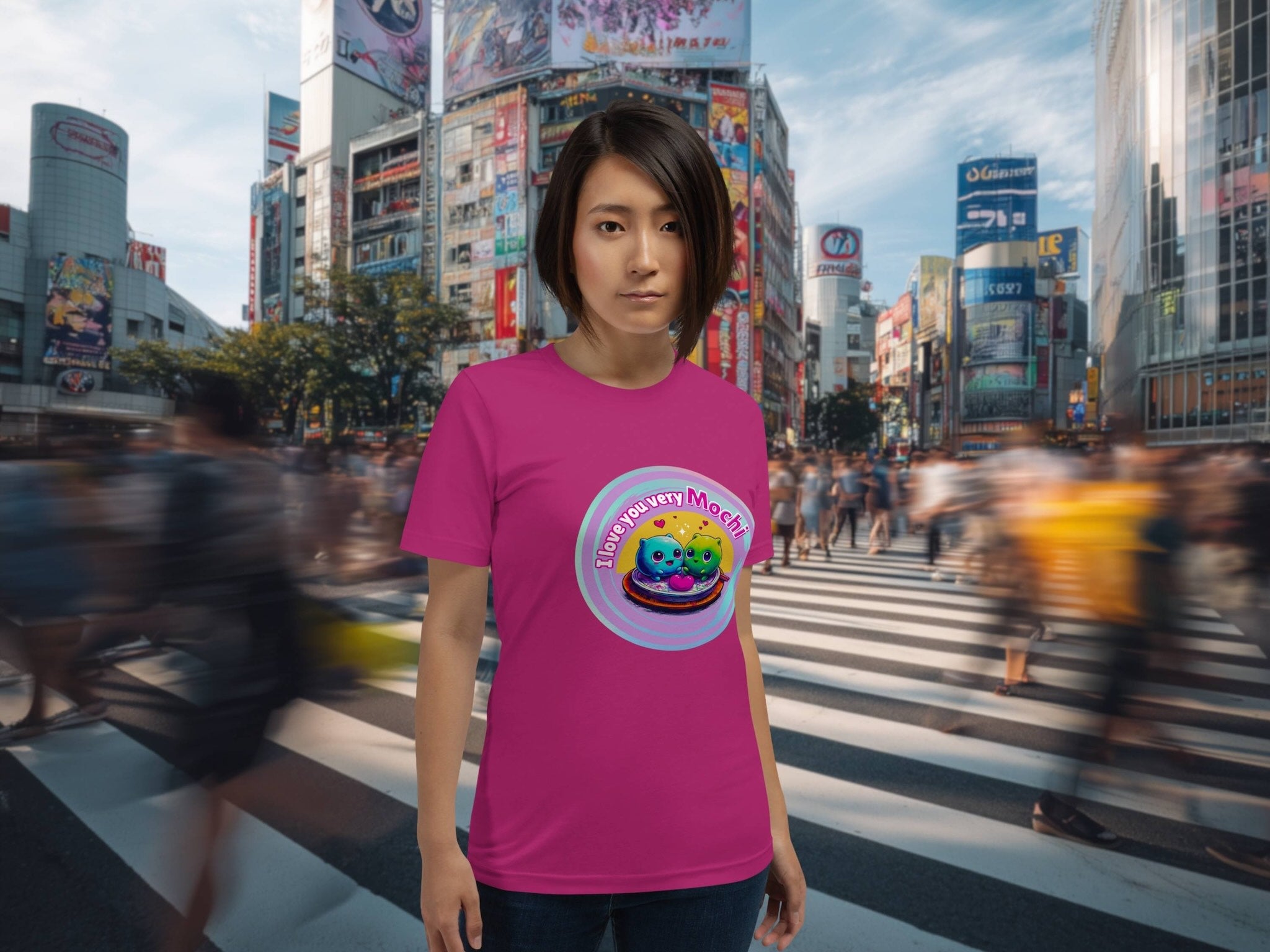 Model wearing I Love You Very Mochi t-shirt in Tokyo city scene