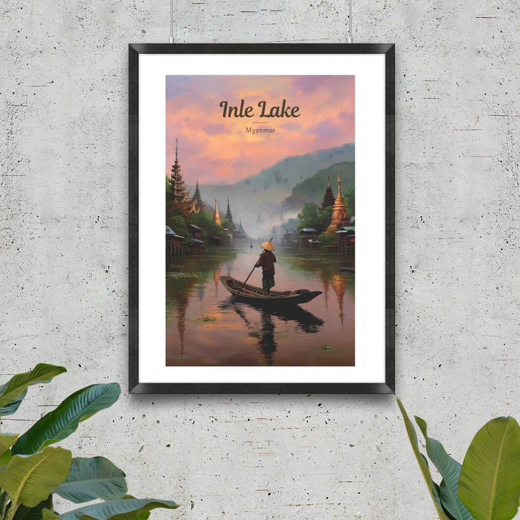 Traditional Myanmar stilt houses and golden pagodas art print in black frame