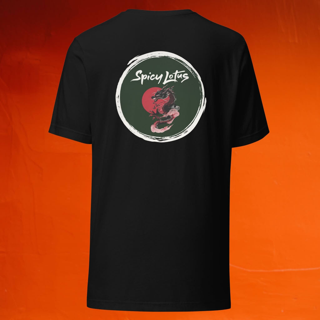 Black t-shirt with 'Spicy Lotus' logo and dragon on the back against an orange background