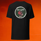 Black t-shirt with 'Spicy Lotus' logo and dragon on the back against an orange background