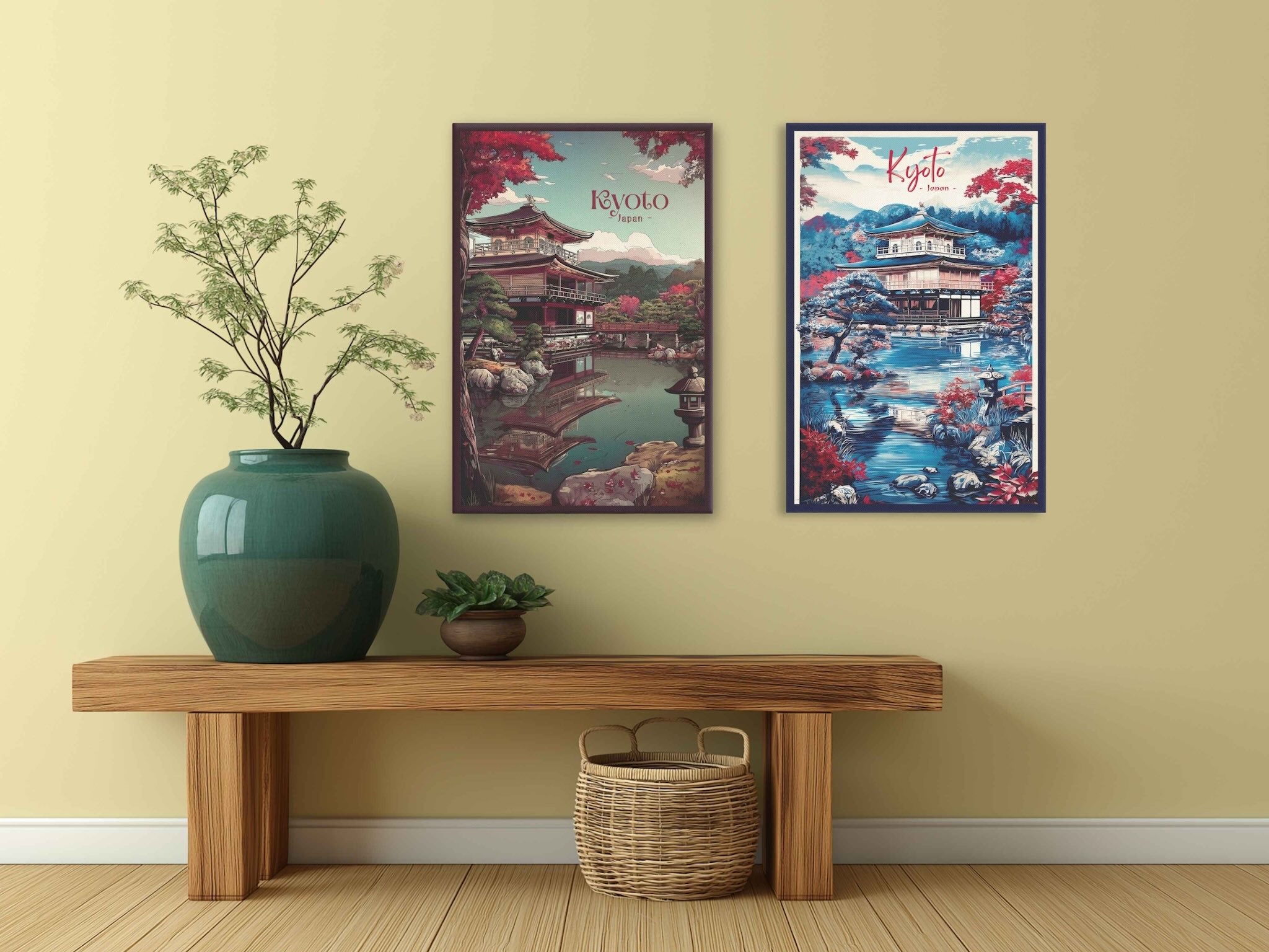 Two Modern Ukiyo-e inspired Kinkaku-ji temple landscape canvas in hallway