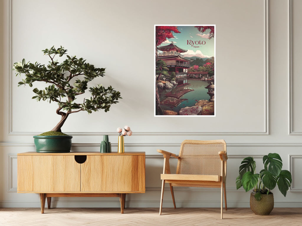 Minimalist Japanese temple Kinkaku-ji reflection artwork in living room
