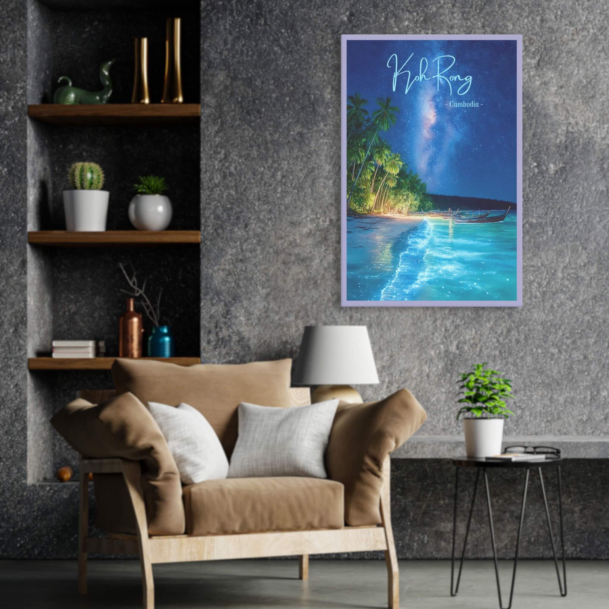Magical neon-blue plankton reflections on tropical shoreline canvas hanging on office wall