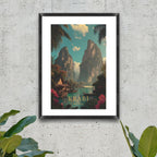 Thailand coastal landscape art print with traditional longtail boats in a black frame