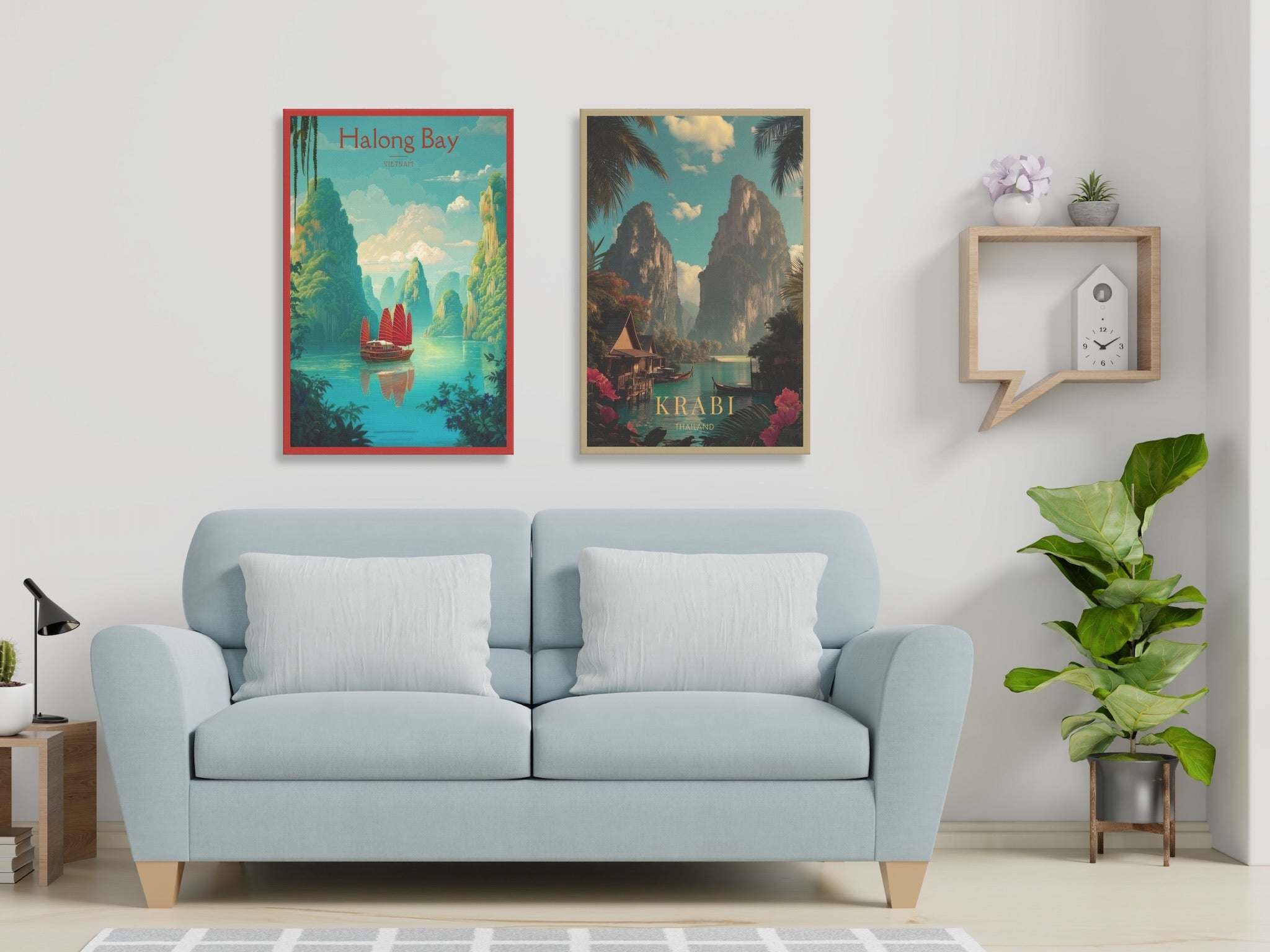 Two travel canvas from Vietnam and Thailand on living room wall