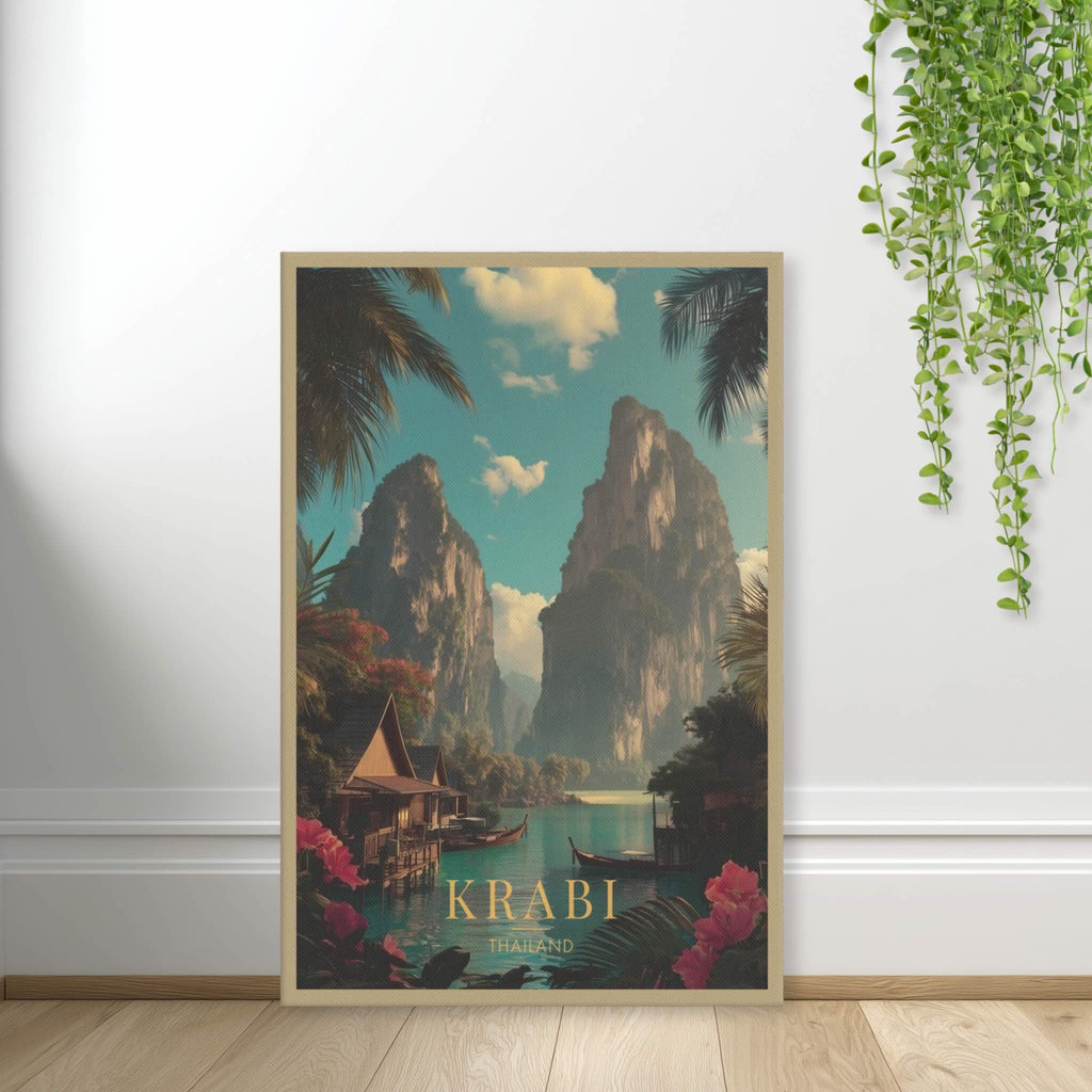 Thailand tropical landscape print with longtail boats and jungle foliage standing