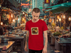 Model wearing Krapaow t-shirt at a Thai street food stall