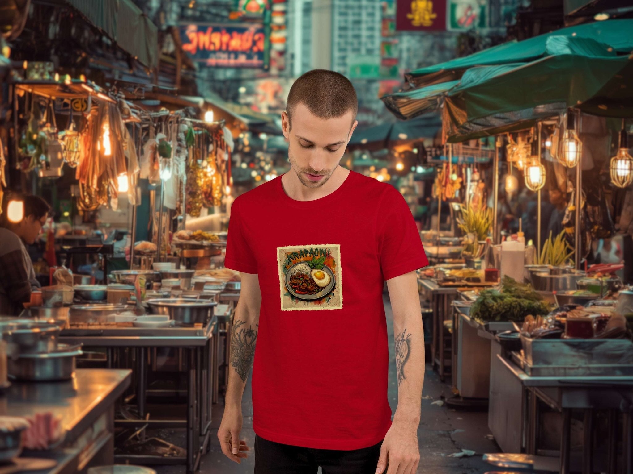 Model wearing Krapaow t-shirt at a Thai street food stall