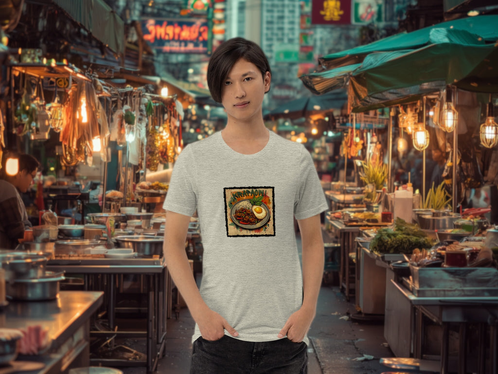 Model wearing Krapaow t-shirt at a Thai street food stall