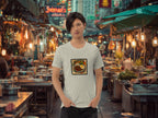 Model wearing Krapaow t-shirt at a Thai street food stall