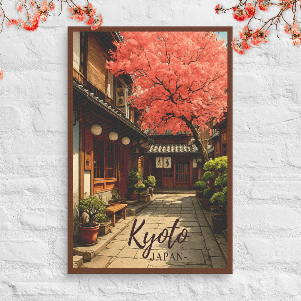 Cozy Kyoto street scene canvas with traditional wooden houses