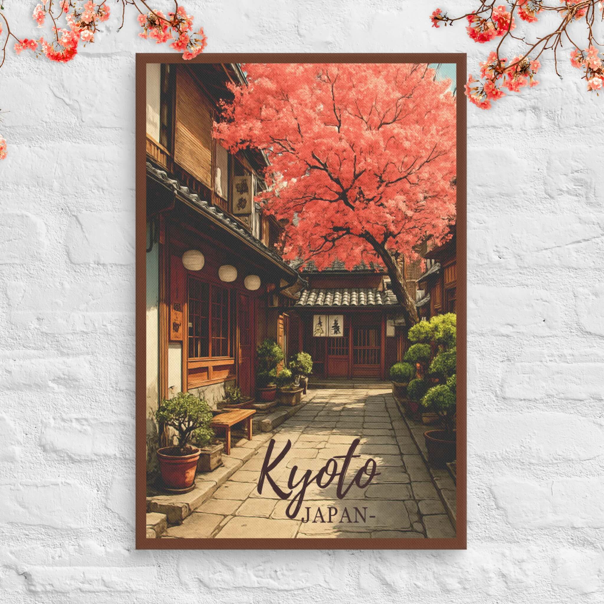 Cozy Kyoto street scene canvas with traditional wooden houses