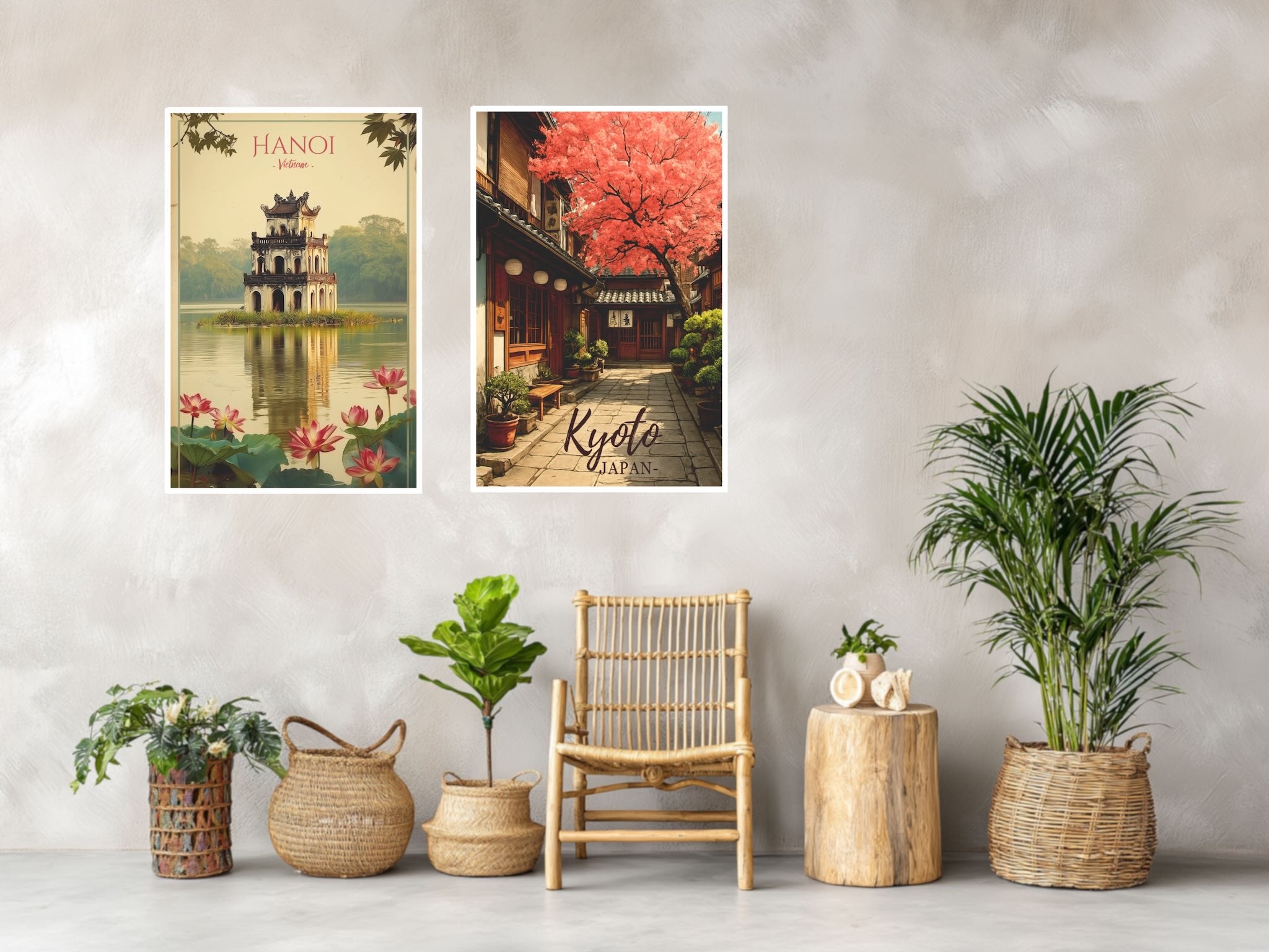 Two travel posters from Vietnam and Japan on decorated wall