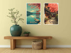 Two Japanese travel posters attached to hallway wall