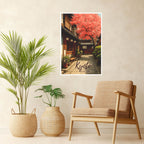 Cultural Japan street illustration with cherry blossom accent on living room wall