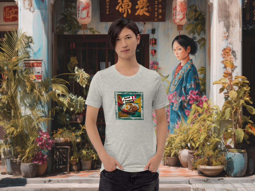 Model wearing Lemak It Happen t-shirt in colorful urban street scene