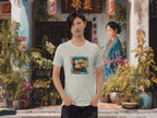 Model wearing Lemak It Happen t-shirt in colorful urban street scene