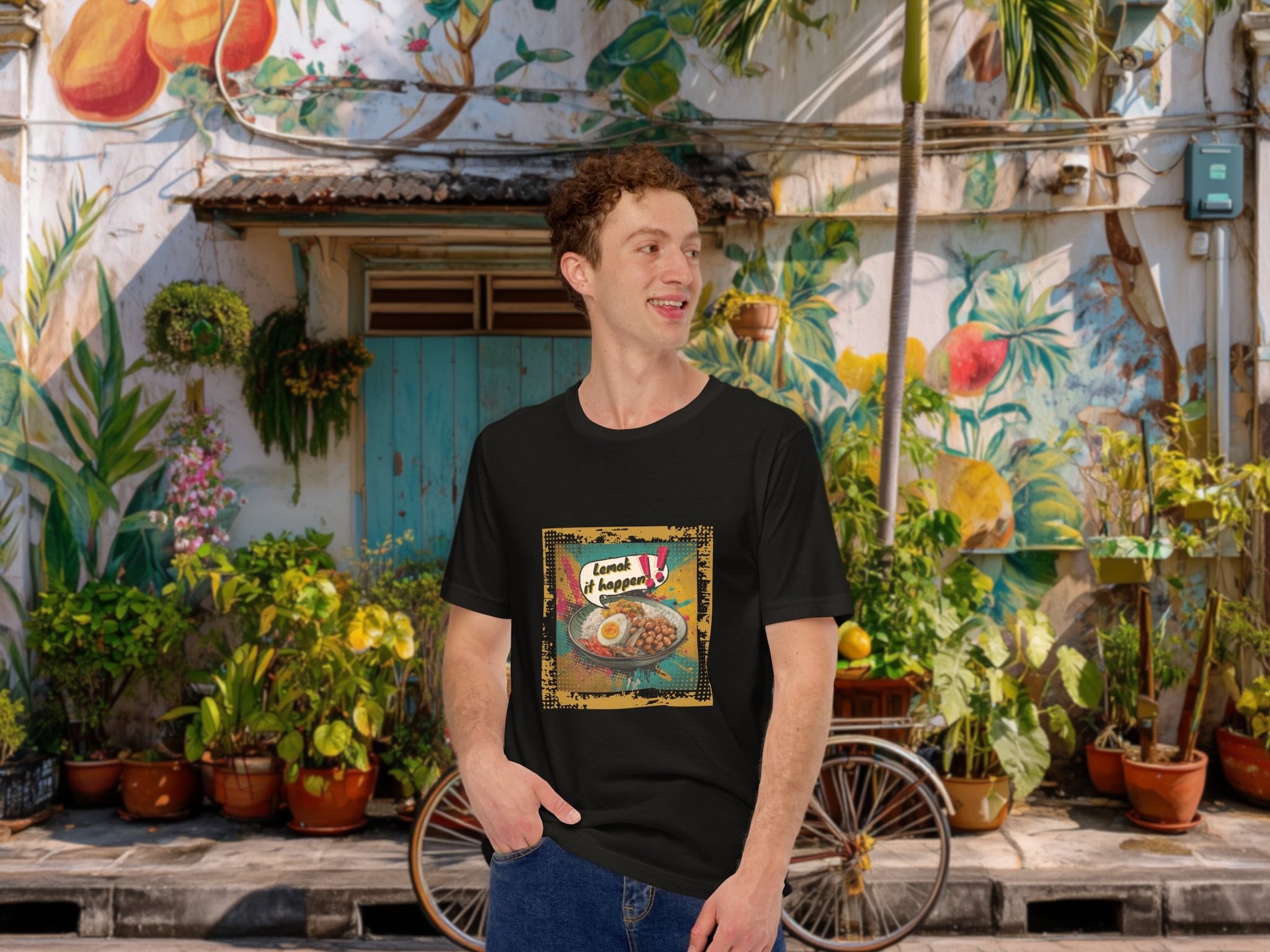 Model wearing Lemak It Happen t-shirt in colorful urban street scene