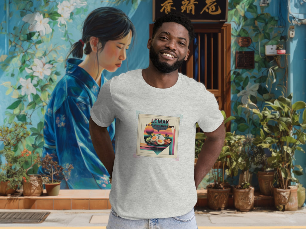 Model wearing Lemak Your Day Better t-shirt in cheerful everyday setting