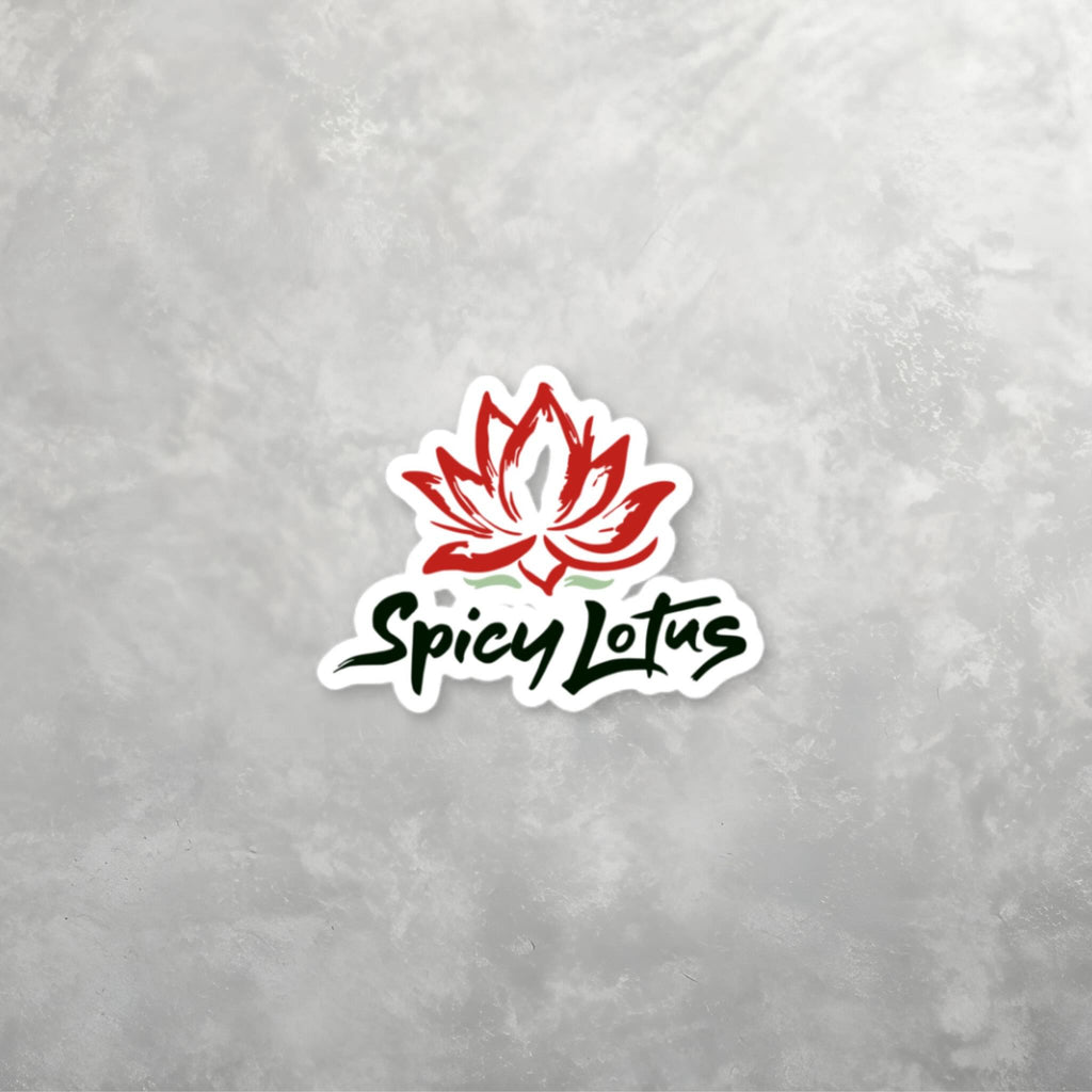 Spicy Lotus logo kiss-cut sticker with lotus flower and brand name on a textured gray background