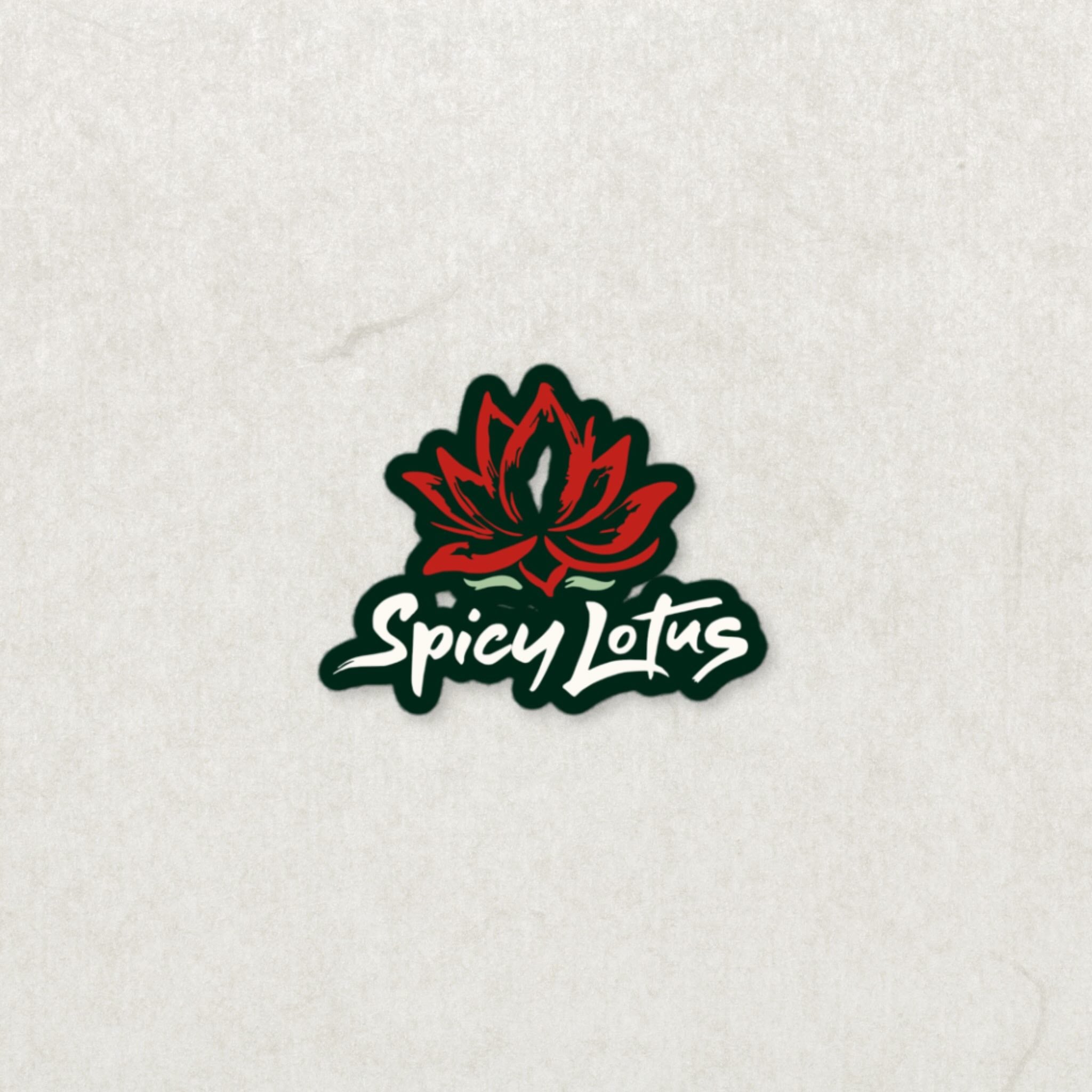 Spicy Lotus logo, red lotus flower with green sticker frame and white font on a textured white background