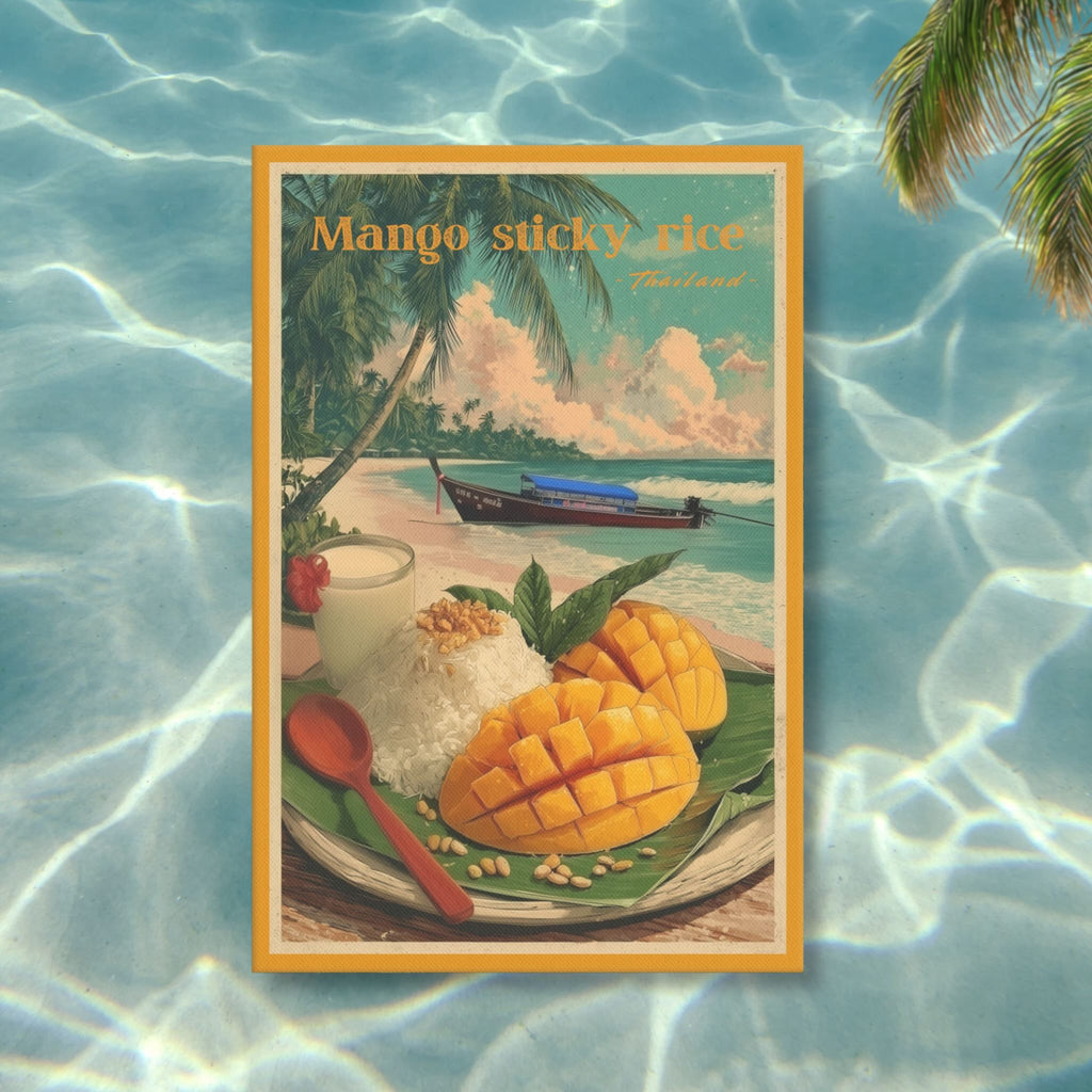 Vintage travel poster style food illustration on cotton canvas