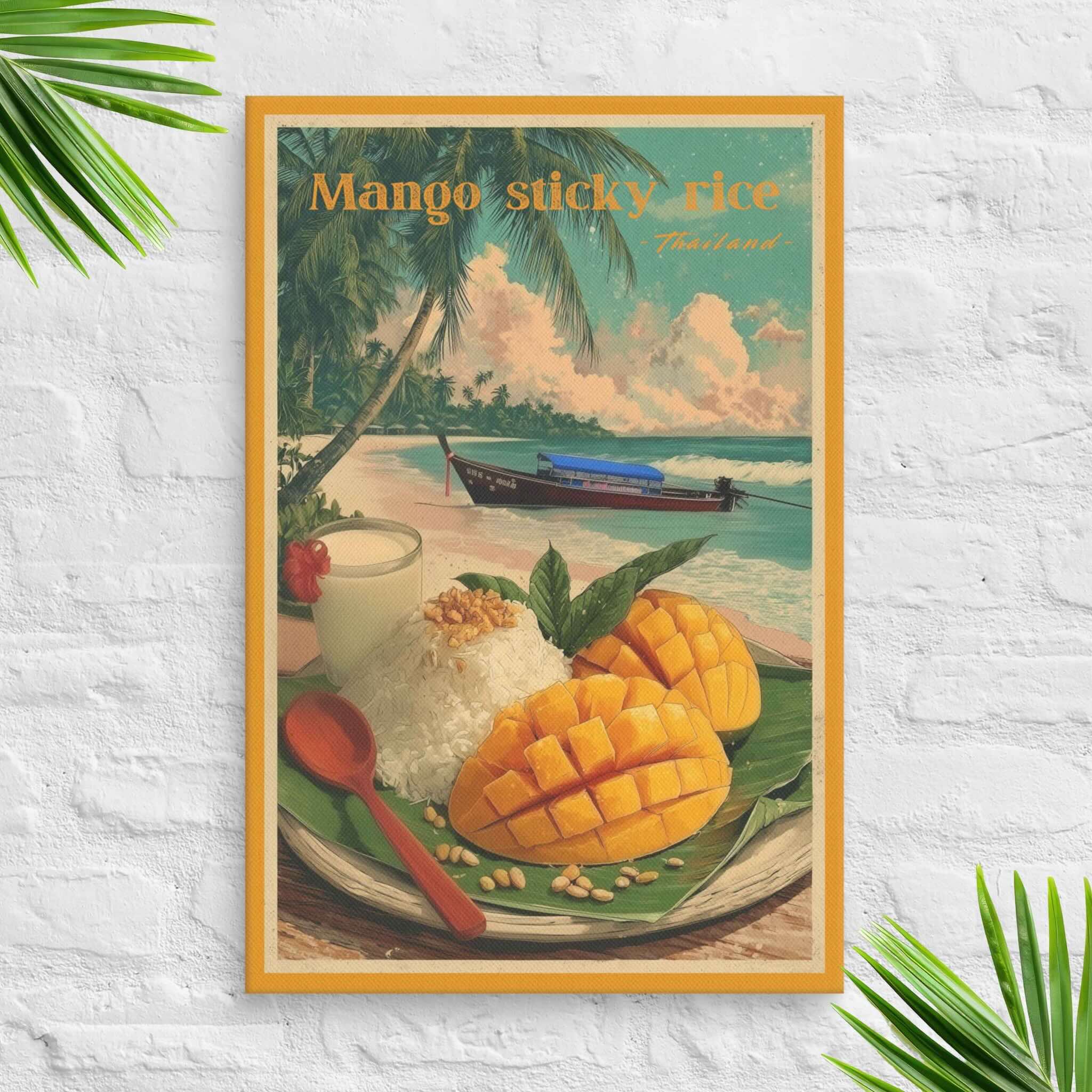 Thai mango sticky rice canvas with tropical scenery